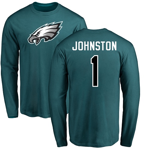Men Philadelphia Eagles #1 Cameron Johnston Green Name and Number Logo Long Sleeve NFL T Shirt->philadelphia eagles->NFL Jersey